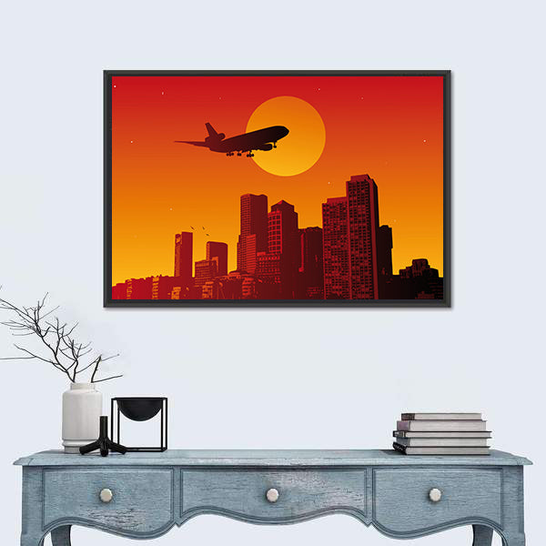 Airplane with Landing Gear Over Sunset City Canvas Wall Art