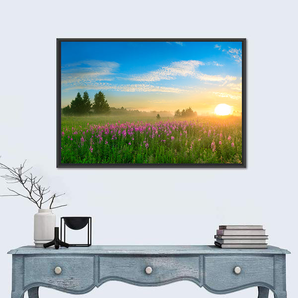 Sunrise Over Blossoming Meadow Canvas Wall Art
