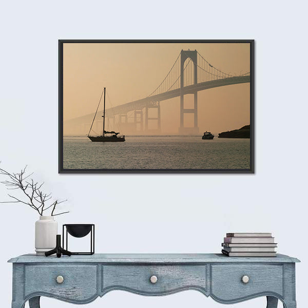 Hazy Suspension Bridge with Sailboat Canvas Wall Art