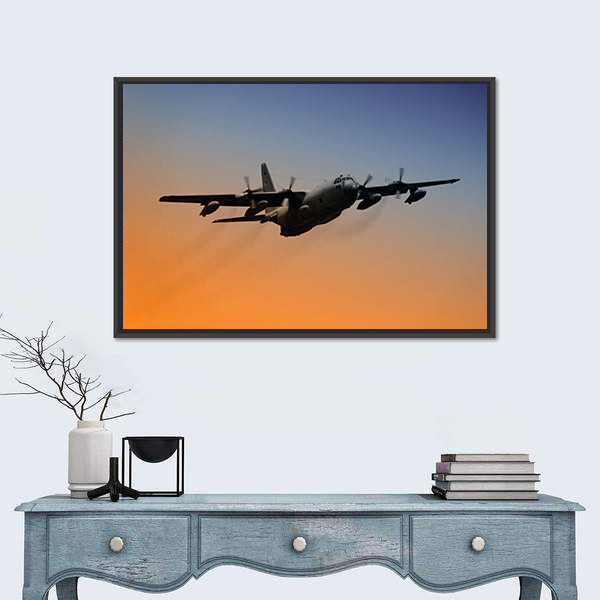 Military Airplane Flying Into Early Morning Sky Canvas Wall Art