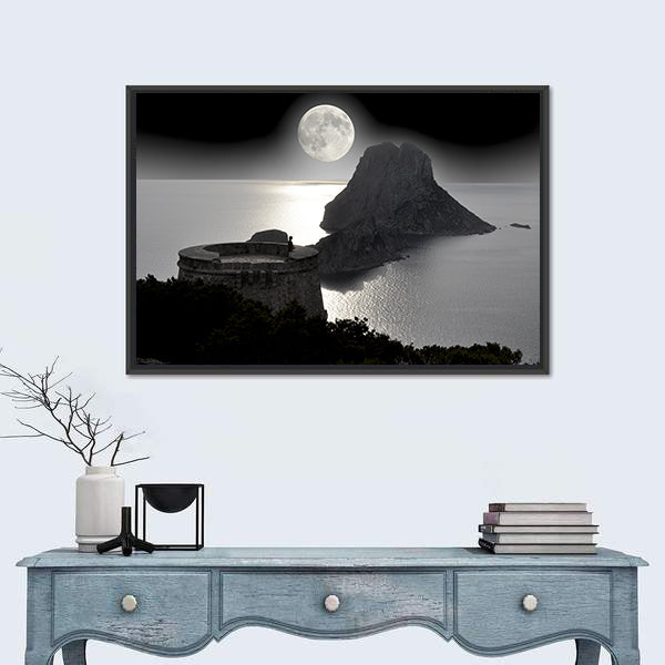 Moonlit Watchtower on Rocky Island Canvas Wall Art