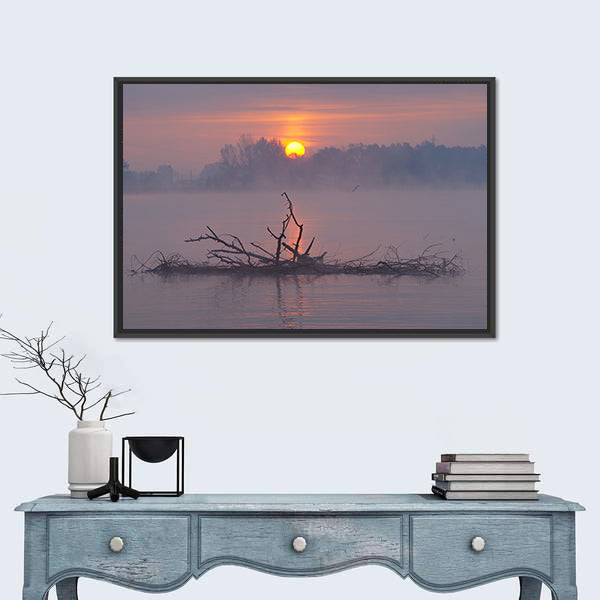 Misty Lake Sunrise Canvas Wall Art