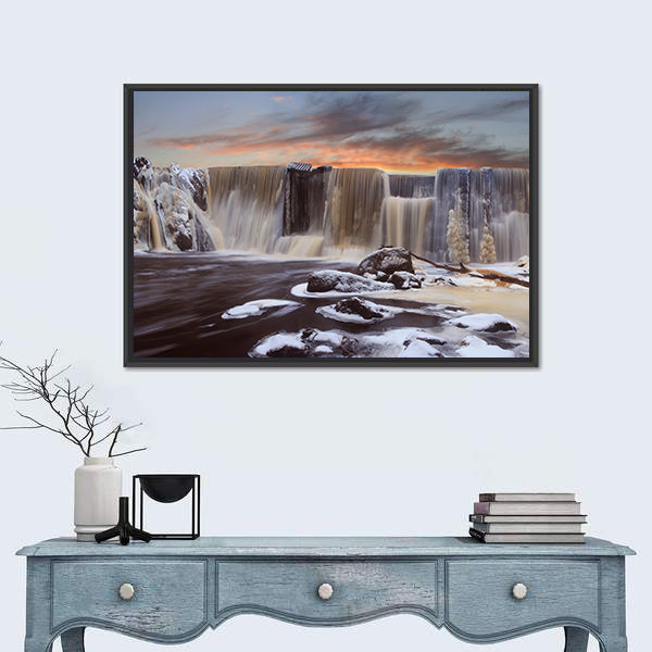 Winter Falls In Finnish Dam Canvas Wall Art
