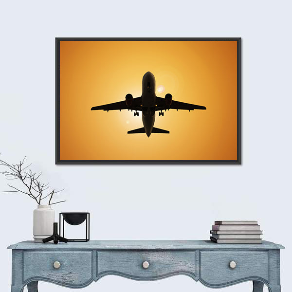 Airplane Silhouette Against the Sun Canvas Wall Art