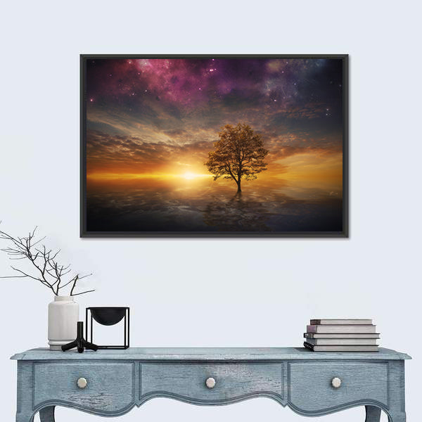 Surreal Tree Over Lake at Sunset Canvas Wall Art