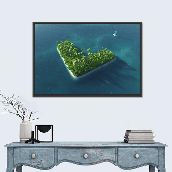 Heart-shaped Tropical Island with Sailboat Canvas Wall Art