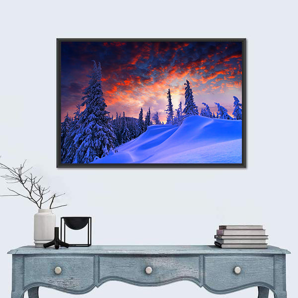 Snowy Winter Landscape At Sunset Canvas Wall Art