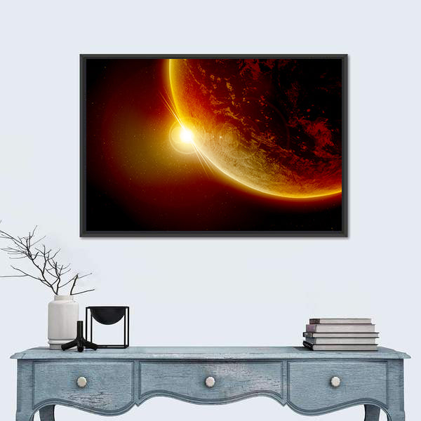 Red Planet Earth In Outer Space With Sun Canvas Wall Art