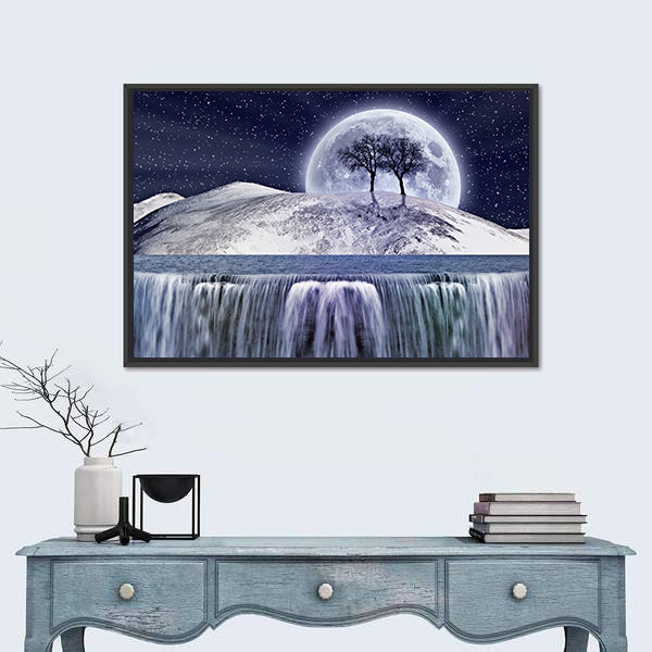 Winter Moonlight Landscape with Waterfall Canvas Wall Art