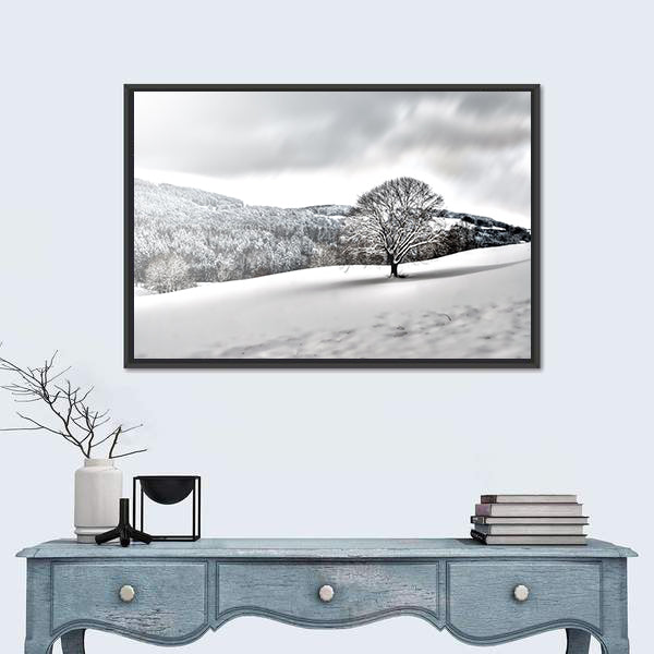 Lonely Tree In Snowy Landscape Canvas Wall Art