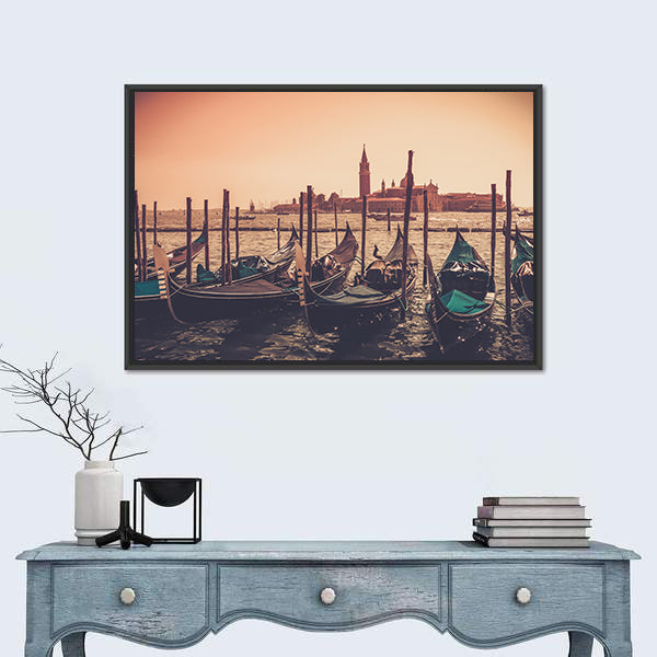 Gondolas Against Venice Panorama In Canal Canvas Wall Art