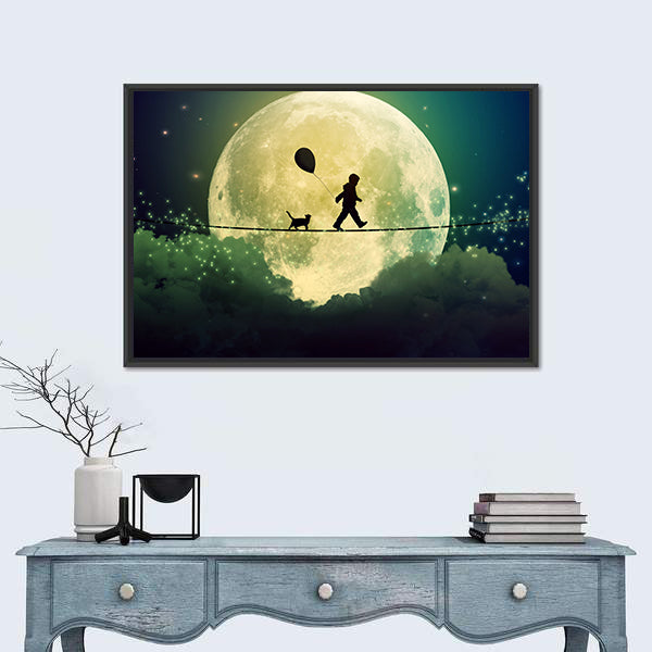 Child on Tightrope Under Full Moon Canvas Wall Art