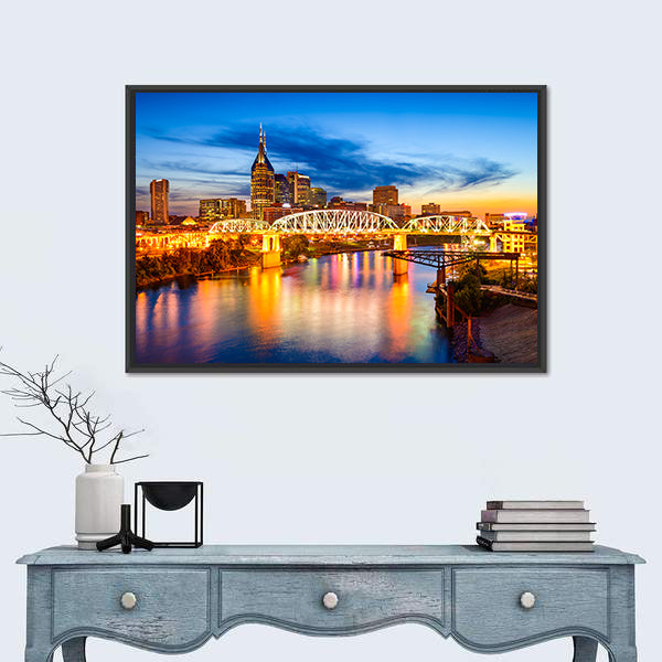 Nashville Skyline with Pedestrian Bridge at Dusk Canvas Wall Art