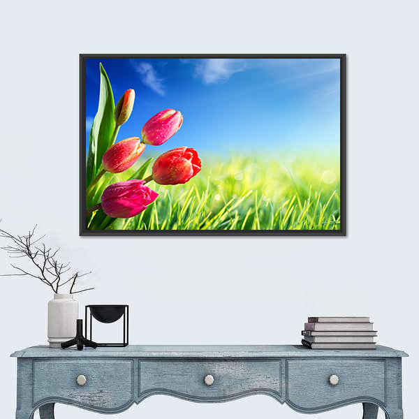 Sunny Spring Tulips in Meadow Canvas Wall Art