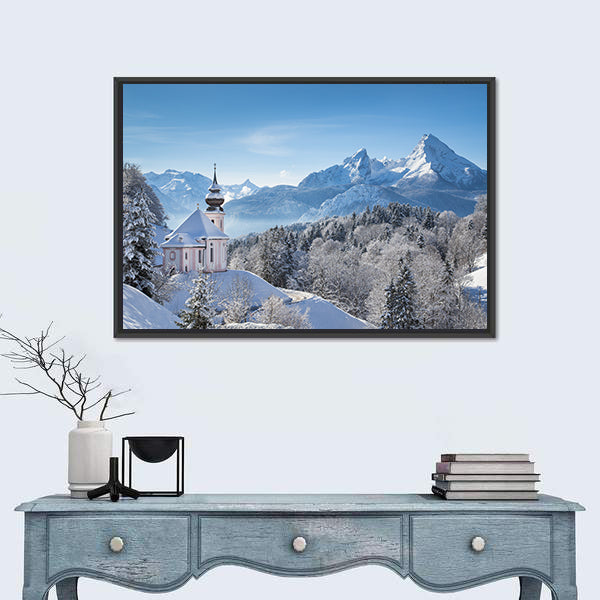 Snowy Alps With Church In Bavaria Canvas Wall Art