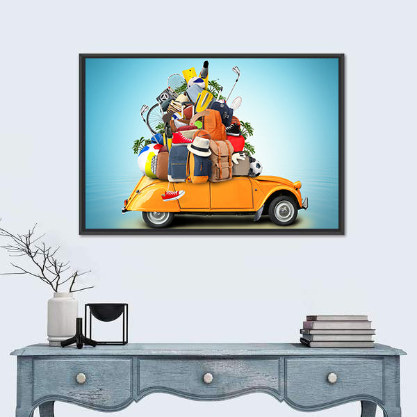 Yellow-orange 2cv with Overloaded Luggage Canvas Wall Art