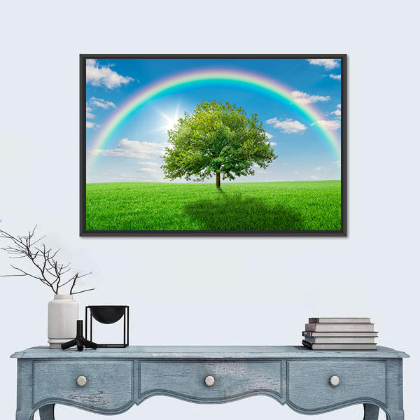 Old Oak Tree on Green Meadow Canvas Wall Art