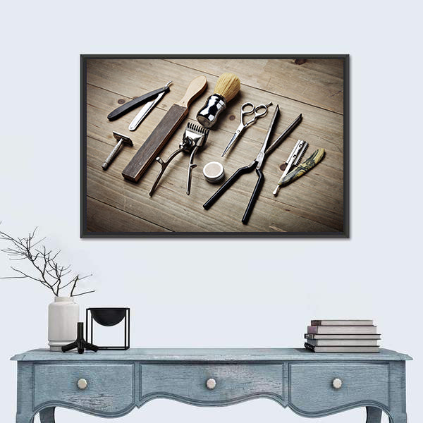 Vintage Barber Tools Flat Lay Canvas Wall Art