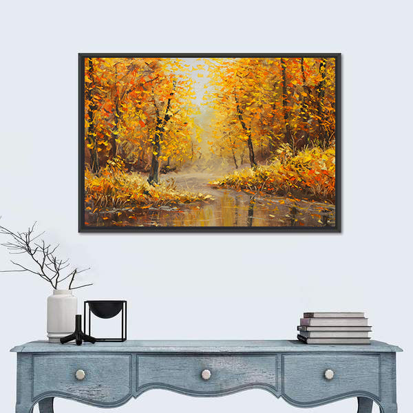 Golden Autumn In River Canvas Wall Art