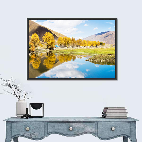 Autumn Mountain Lake with Golden Trees Canvas Wall Art