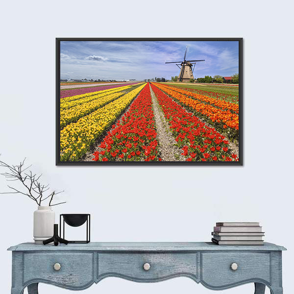 Colorful Dutch Tulip Fields with Windmill Canvas Wall Art
