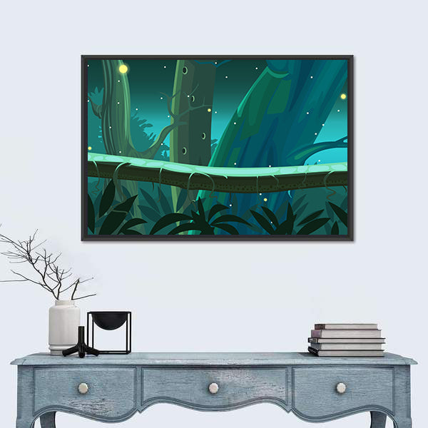 Mossy Tree Trunk with Glowing Fireflies Canvas Wall Art