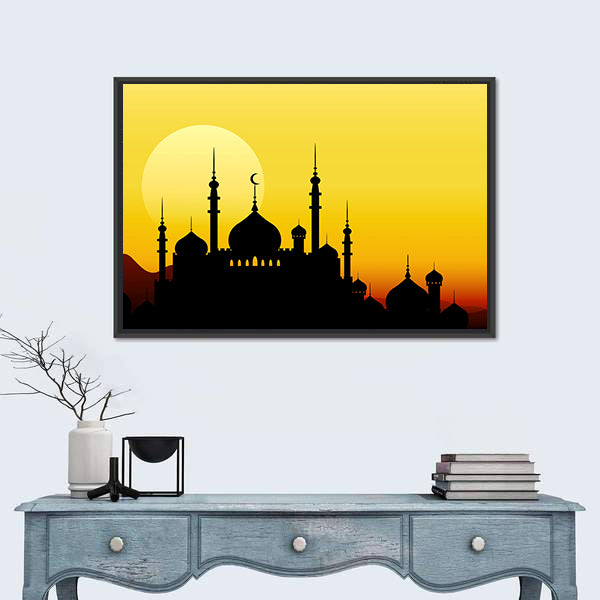 Ramadan Mosque Silhouette with Golden Sun Canvas Wall Art