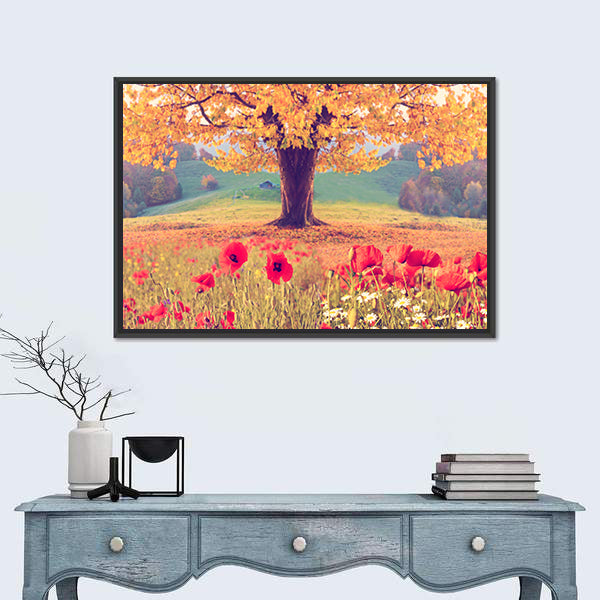 Red Poppies and Golden Tree Canvas Wall Art
