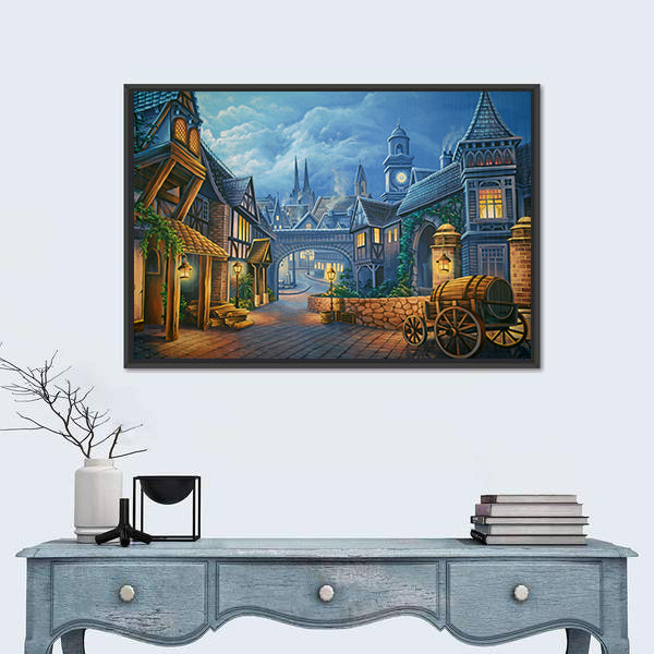 Twilight Medieval Village Through Stone Archway Canvas Wall Art