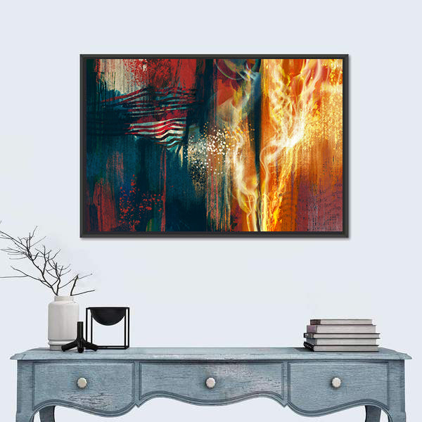 Abstract American Flag in Flames Canvas Wall Art