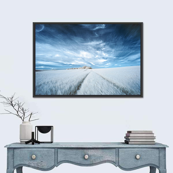 White Field with Parallel Tire Tracks Canvas Wall Art