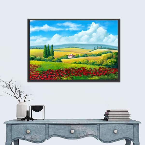 Tuscan Poppy Field with Cypress Trees Canvas Wall Art