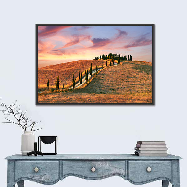 Hilltop Villa with Cypress Road at Sunset Canvas Wall Art