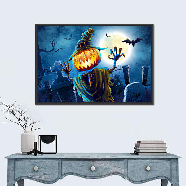 Pumpkin-headed Monster in Graveyard Canvas Wall Art