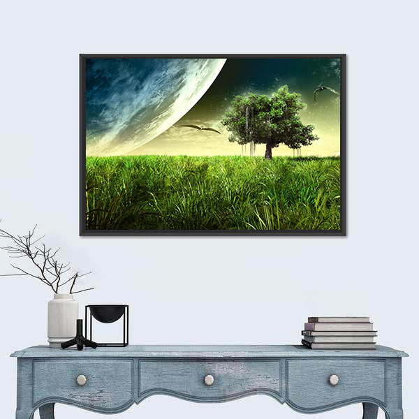 Green Meadow with Pterodactyls Canvas Wall Art