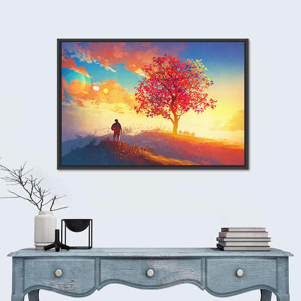 Man Standing Alone In Autumn Mountains Canvas Wall Art