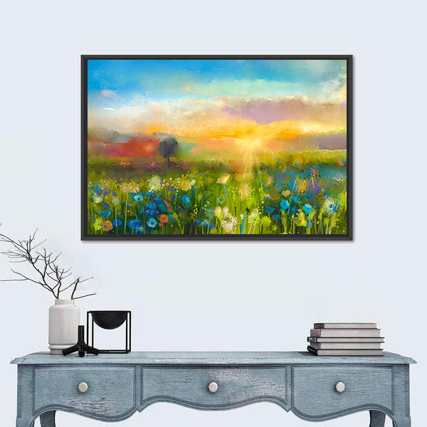 Sunset Over Wildflower Meadow Canvas Wall Art
