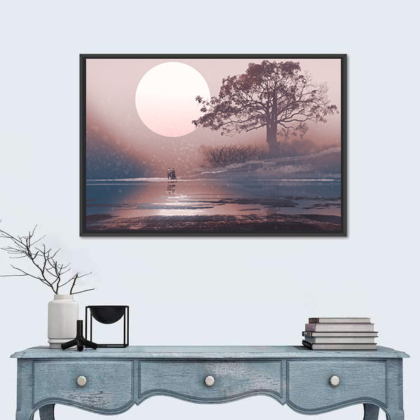Love Couple Under Moon Canvas Wall Art