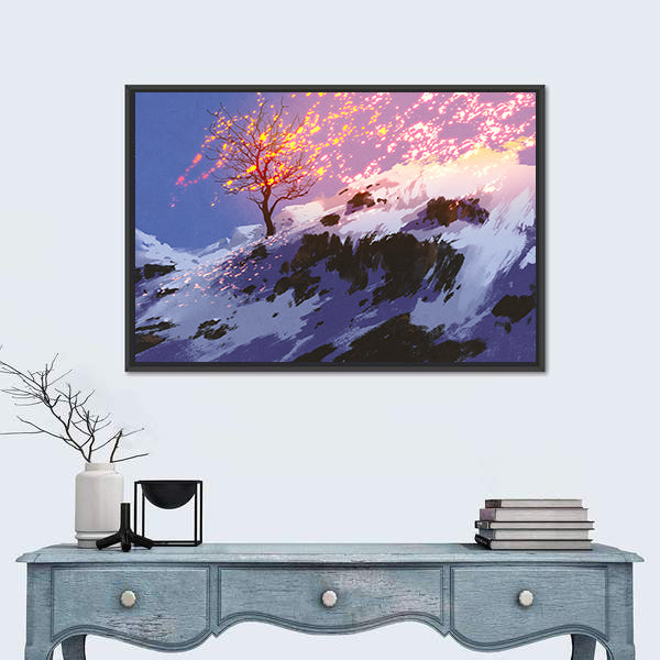 Lone Tree with Glowing Sparks at Twilight Canvas Wall Art