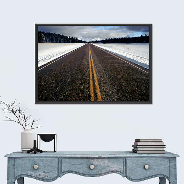 Straight Strip Of Road In Winter Canvas Wall Art