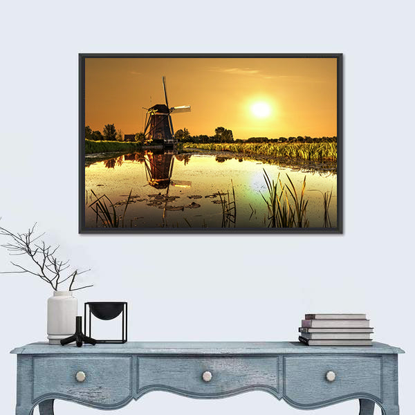 Dutch Windmill At Kinderdijk In Netherlands Canvas Wall Art