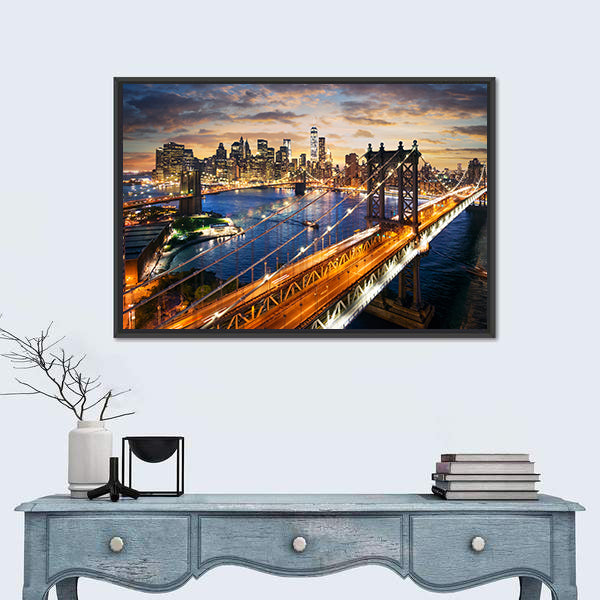 Manhattan Bridge and Skyline at Dusk Canvas Wall Art