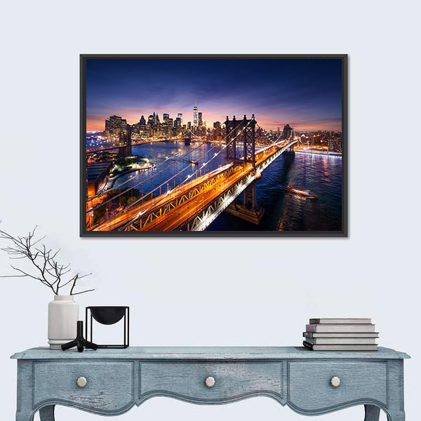 Dusk Over Manhattan Bridge Canvas Wall Art