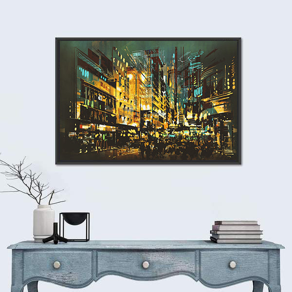 Abstract Night Cityscape with Golden Lights Canvas Wall Art