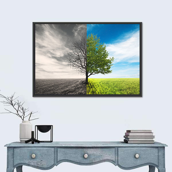 Lonely Tree In Field Canvas Wall Art