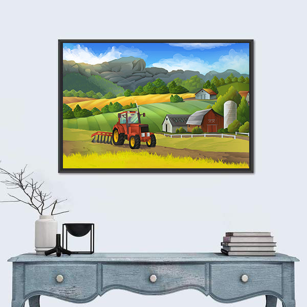 Red Tractor on Sunny Farm Landscape Canvas Wall Art