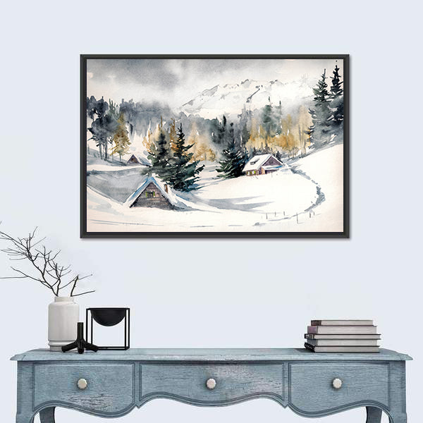 Snowy Mountain Village Canvas Wall Art