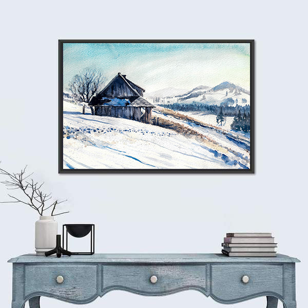 Small House In Winter Mountains Canvas Wall Art