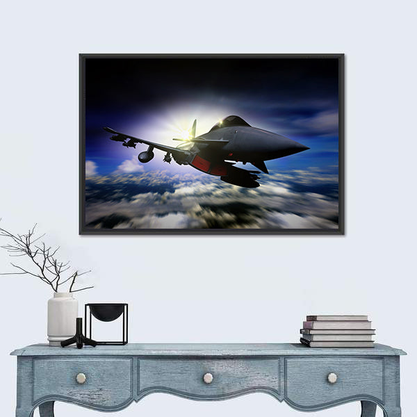 Military Jet Flying During Sunrise Canvas Wall Art