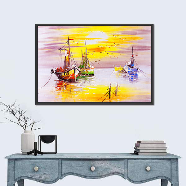 Boats With Sunset Canvas Wall Art